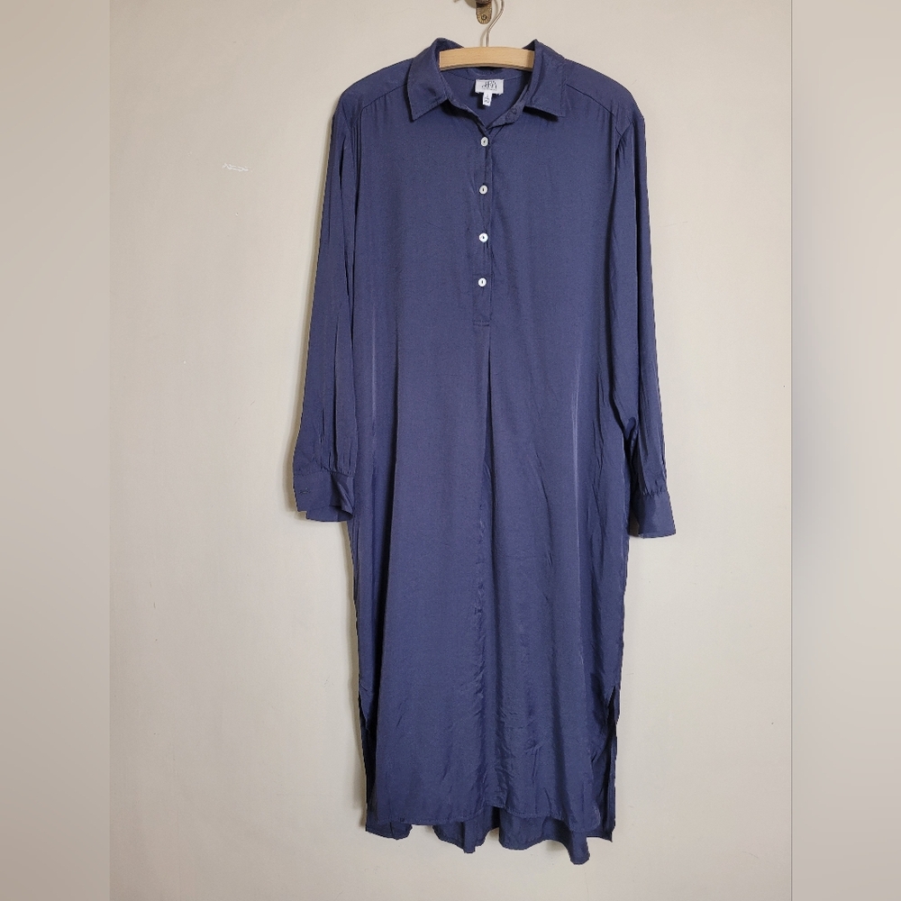 DRA Los Angeles Anthropologie Satin Bamboo Navy Blue Button-Up Dress Small